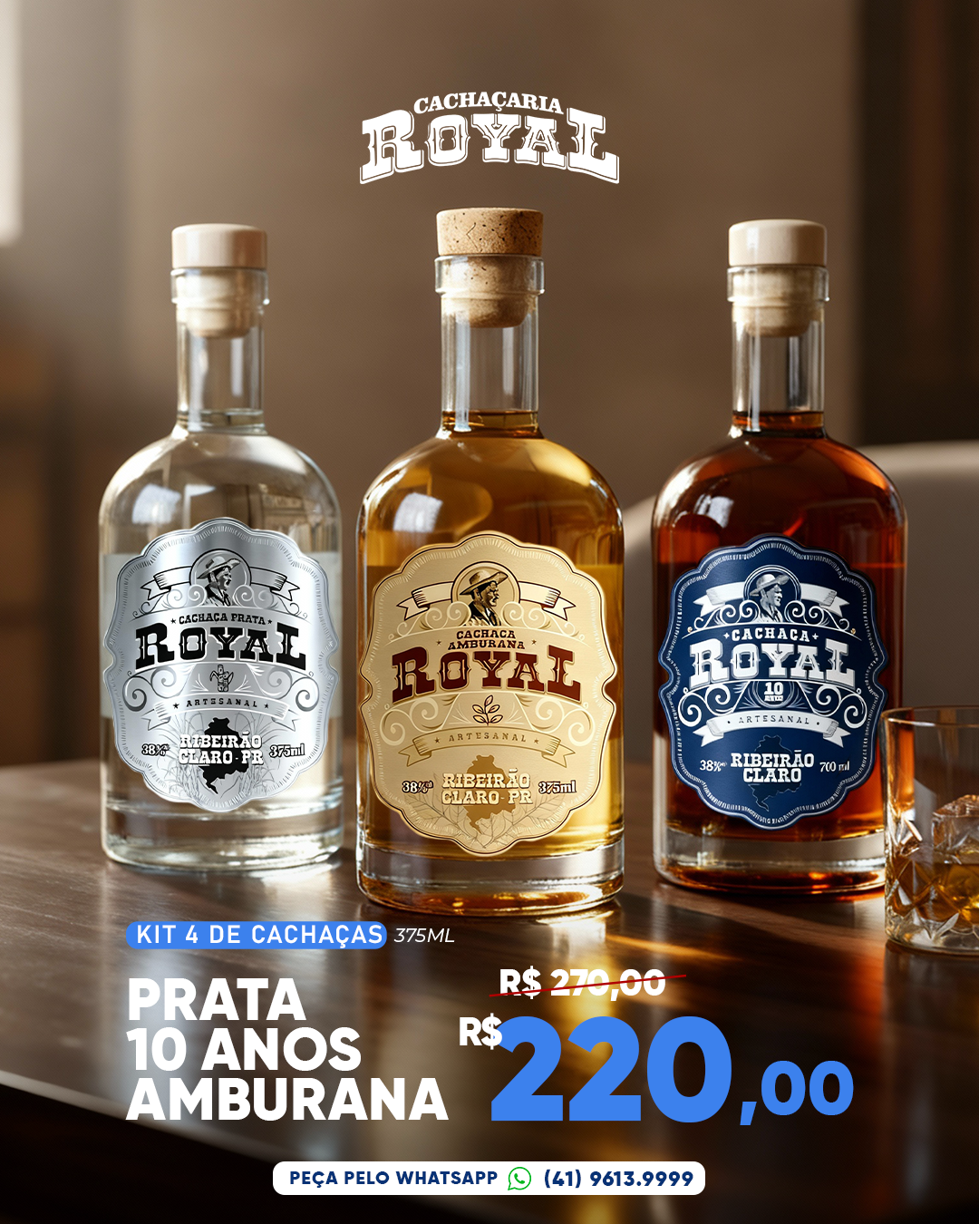 Kit Cachaça Royal Prata 10 anos Amburana 375ml